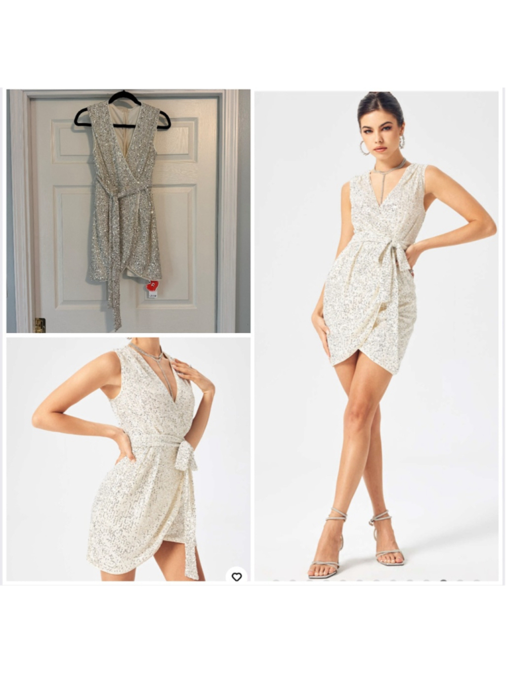 New Women's Cider Dress Size S Silver White Sequin Wrap Mini Party